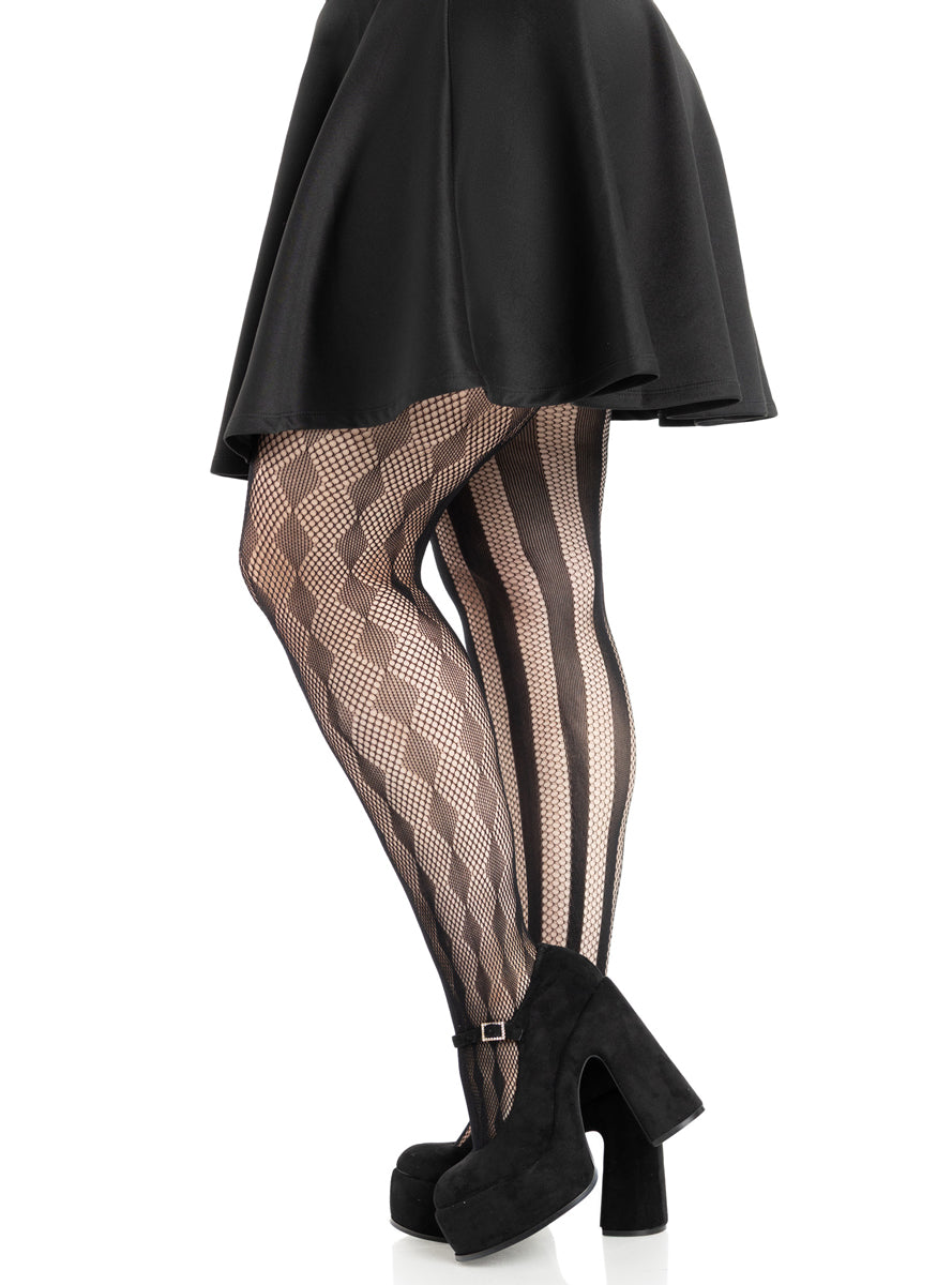 Plus Size Womens Black Harlequin Net Full Length Costume Tights Side Image