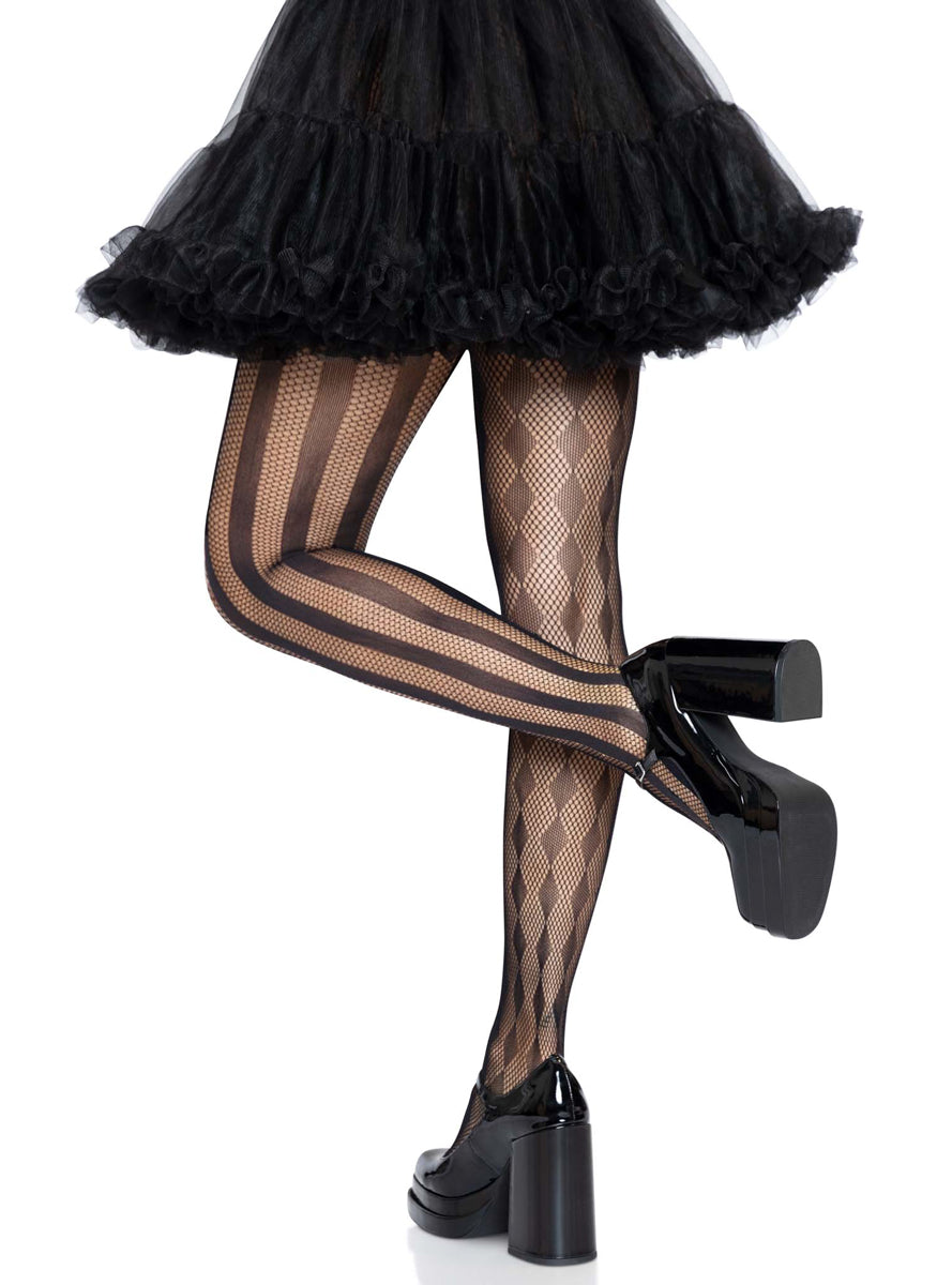 Womens Black Harlequin Net Full Length Costume Tights Back Image