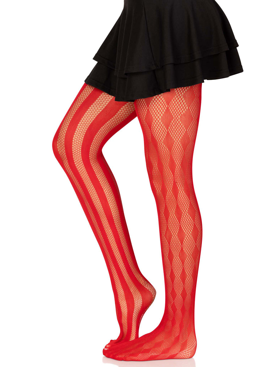 Womens Red Harlequin Net Full Length Costume Tights Side Image