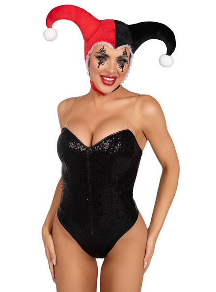 Womens Red And Black Harlequin Costume Bonnet Main Image