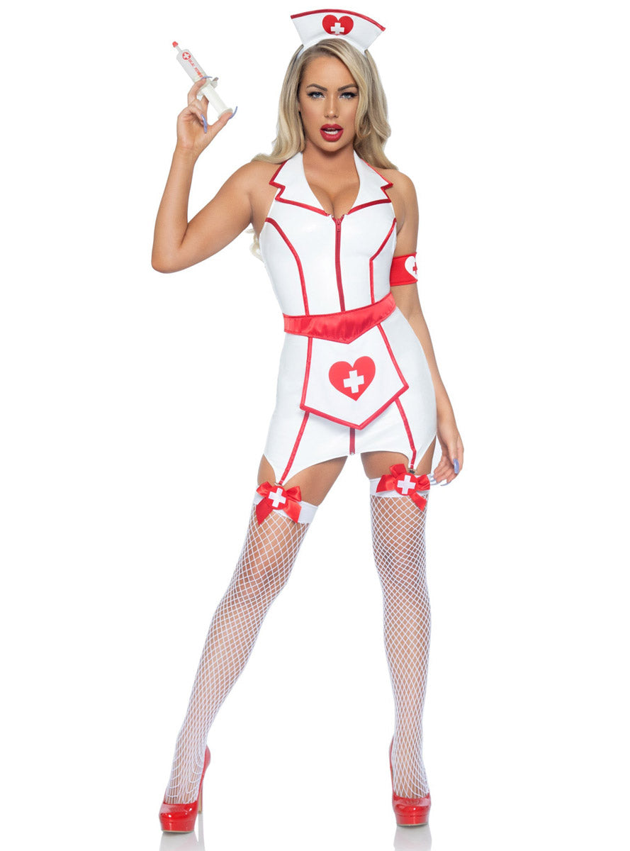 Womens Sexy White Vinyl Hottie Er Nurse Costume Front Image