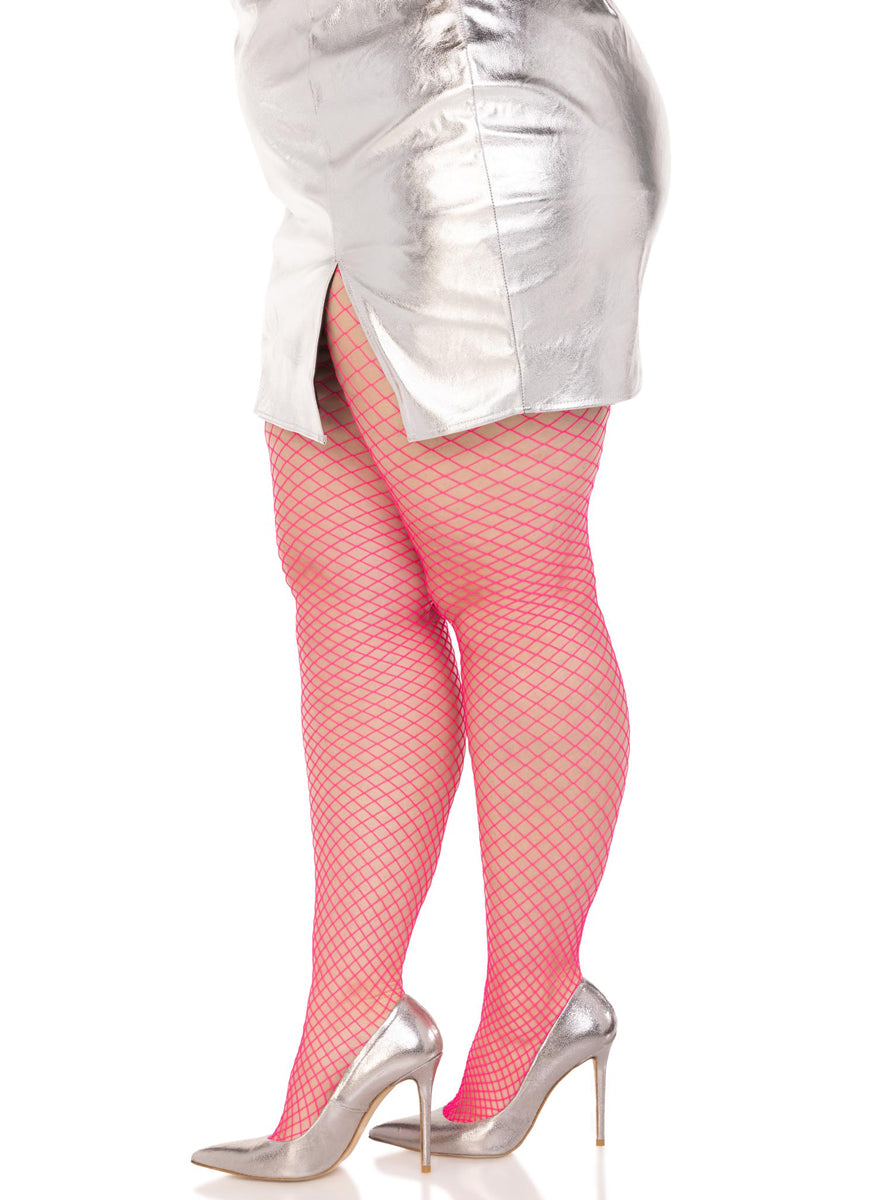 Plus Size Womens Neon Pink Industrial Net Spandex Stockings Side Image