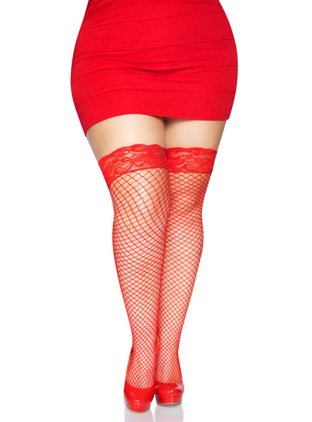 Plus Size Womens Red Industrial Net Stay Up Lace Top Spandex Thigh High Stockings Main Image