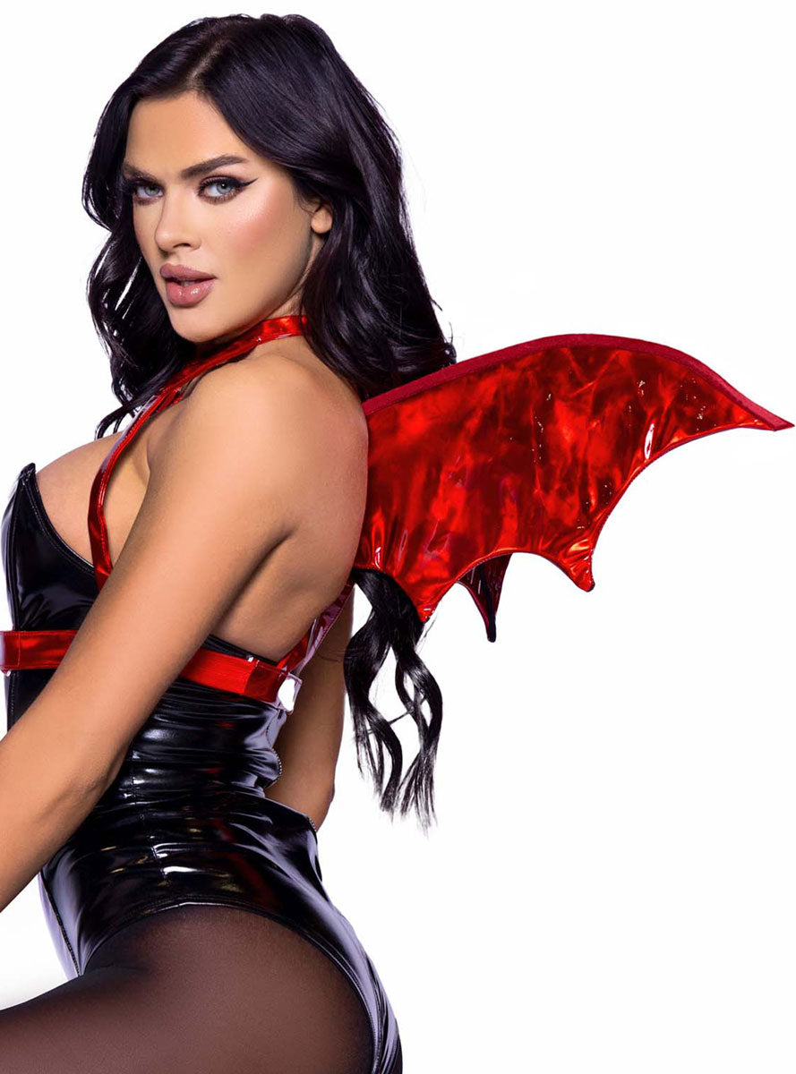 Womens Red Iridescent Vinyl Devil Body Harness With Wings Side Image