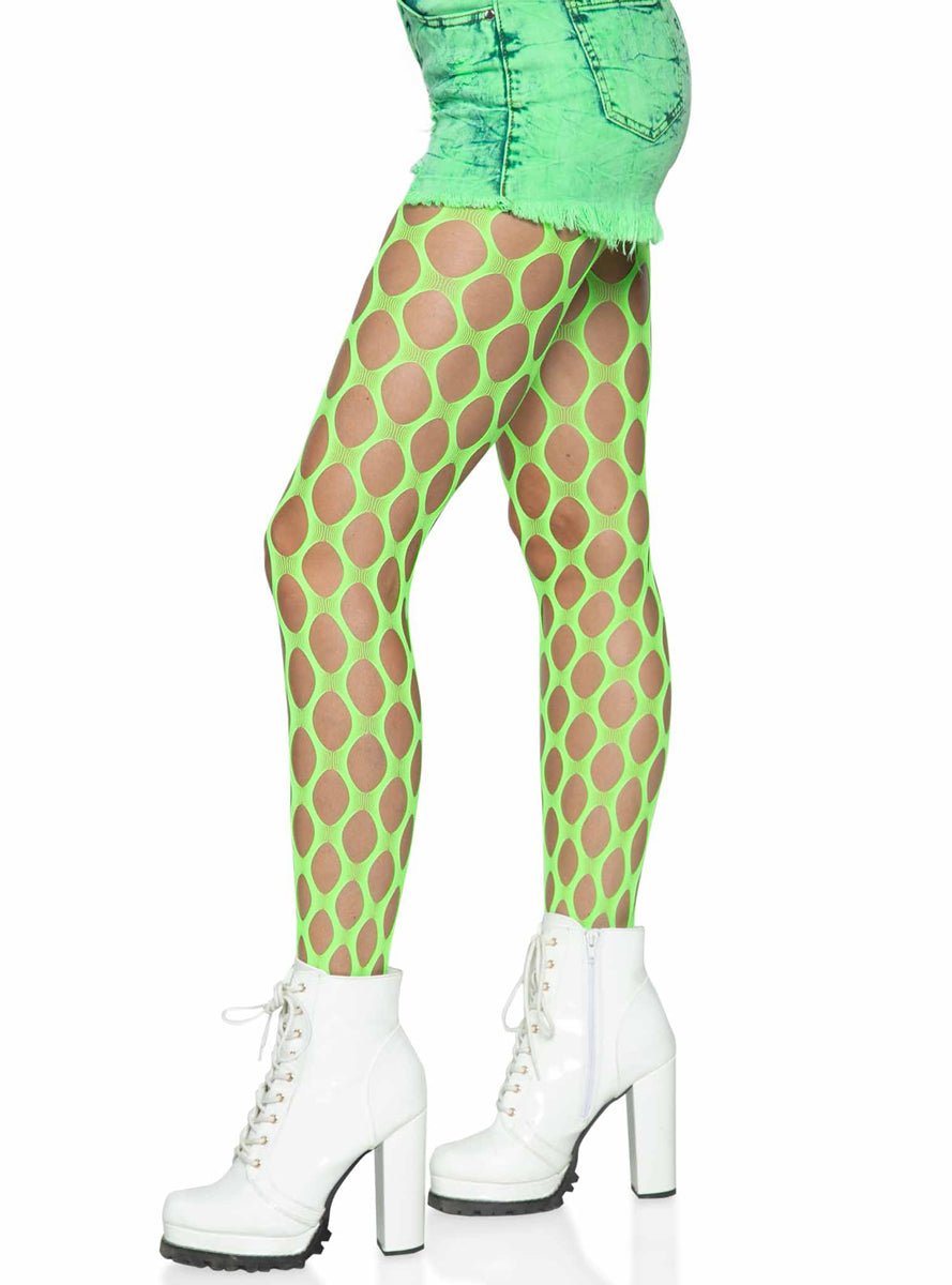 Womens Neon Green Jumbo Pothole Net Tights Side Image