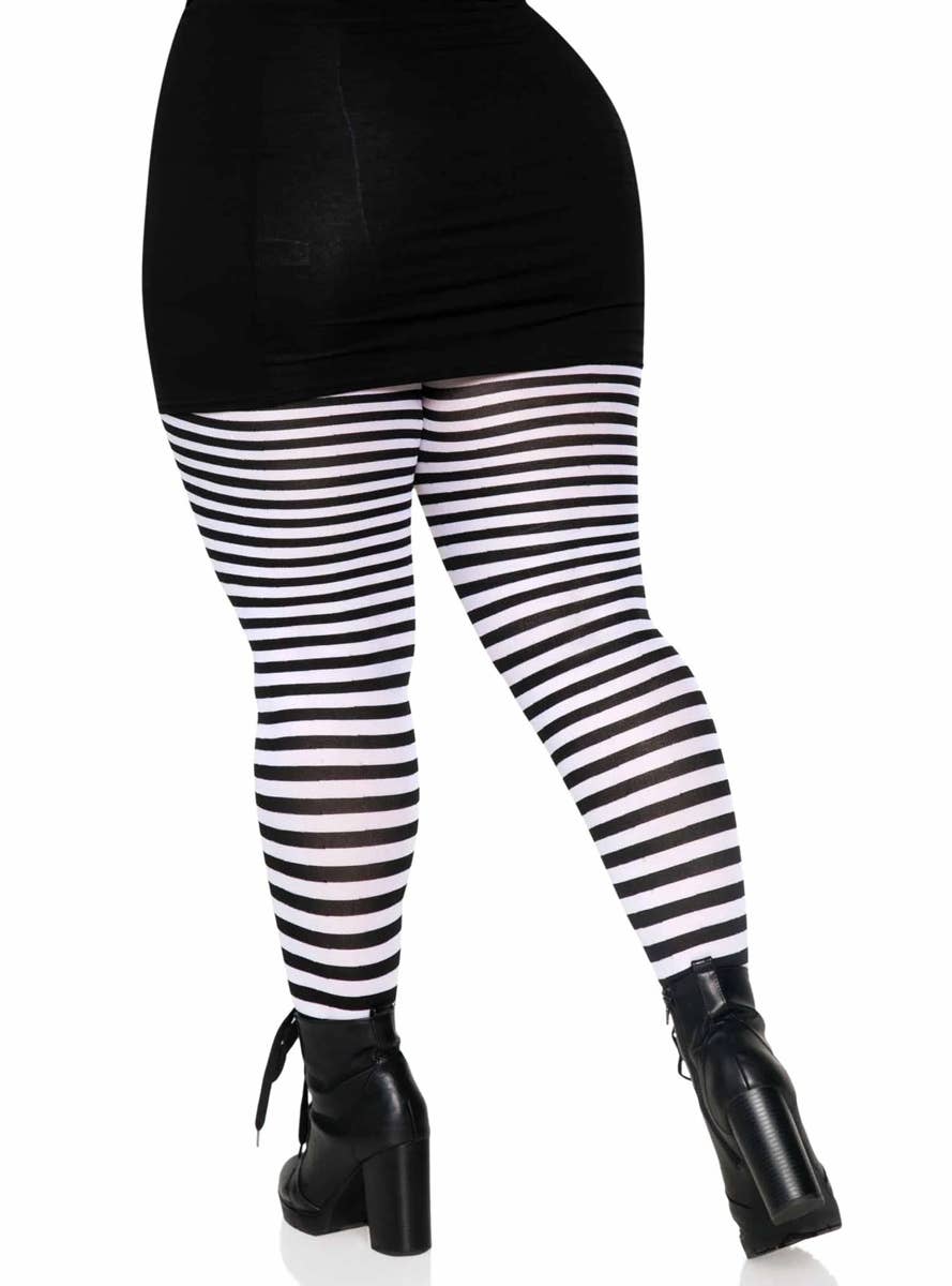 Women's Black and White Striped Full Length Plus Size Halloween Pantyhose - Back Image