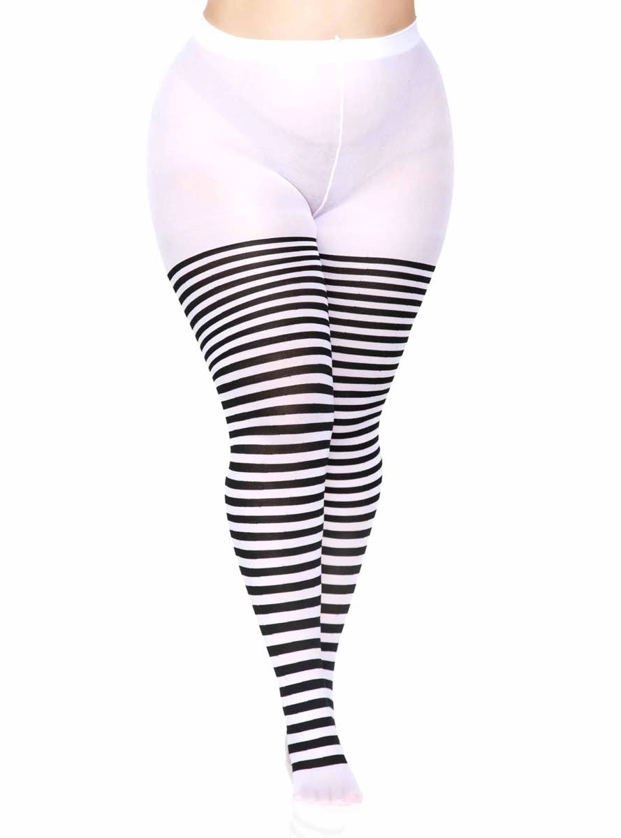 Women's Black and White Striped Full Length Plus Size Halloween Pantyhose Front Image