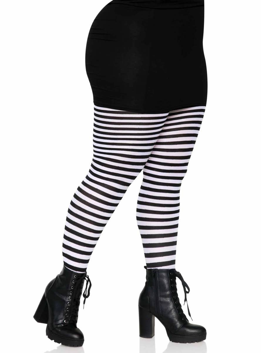 Women's Black and White Striped Full Length Plus Size Halloween Pantyhose - Side Image