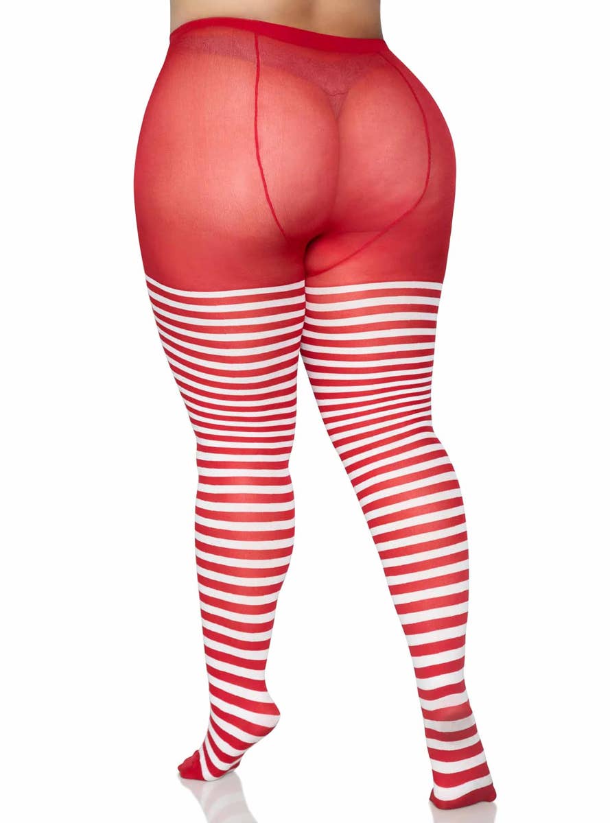Women's Red and White Striped Full Length Plus Size Halloween And Christmas Pantyhose - Alternative Back Image
