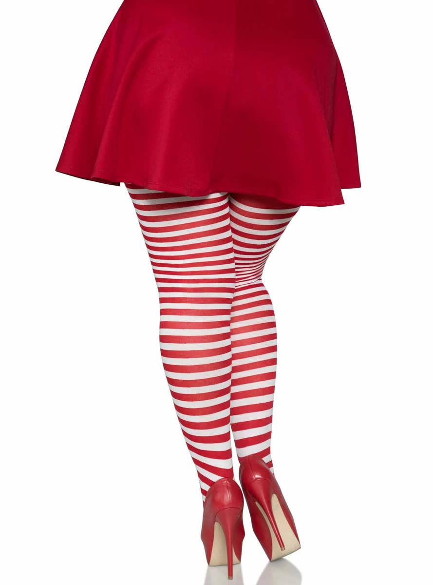 Women's Red and White Striped Full Length Plus Size Halloween And Christmas Pantyhose - Back Image