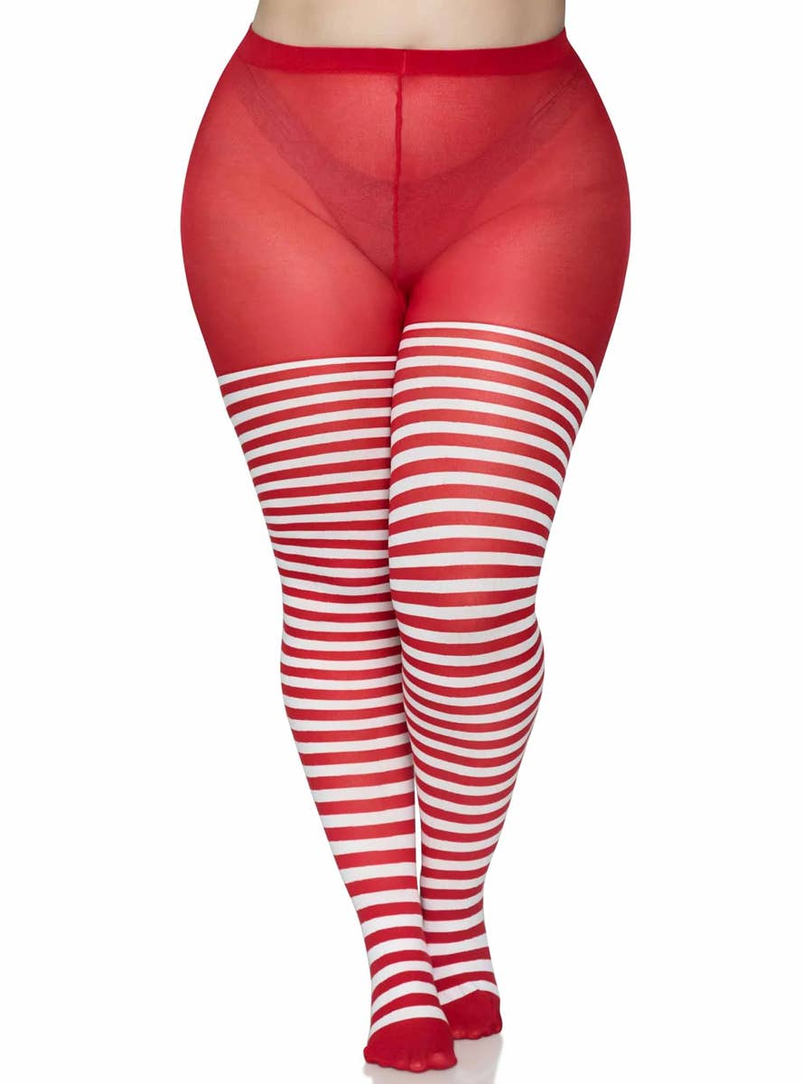 Women's Red and White Striped Full Length Plus Size Halloween And Christmas Pantyhose - Front Image