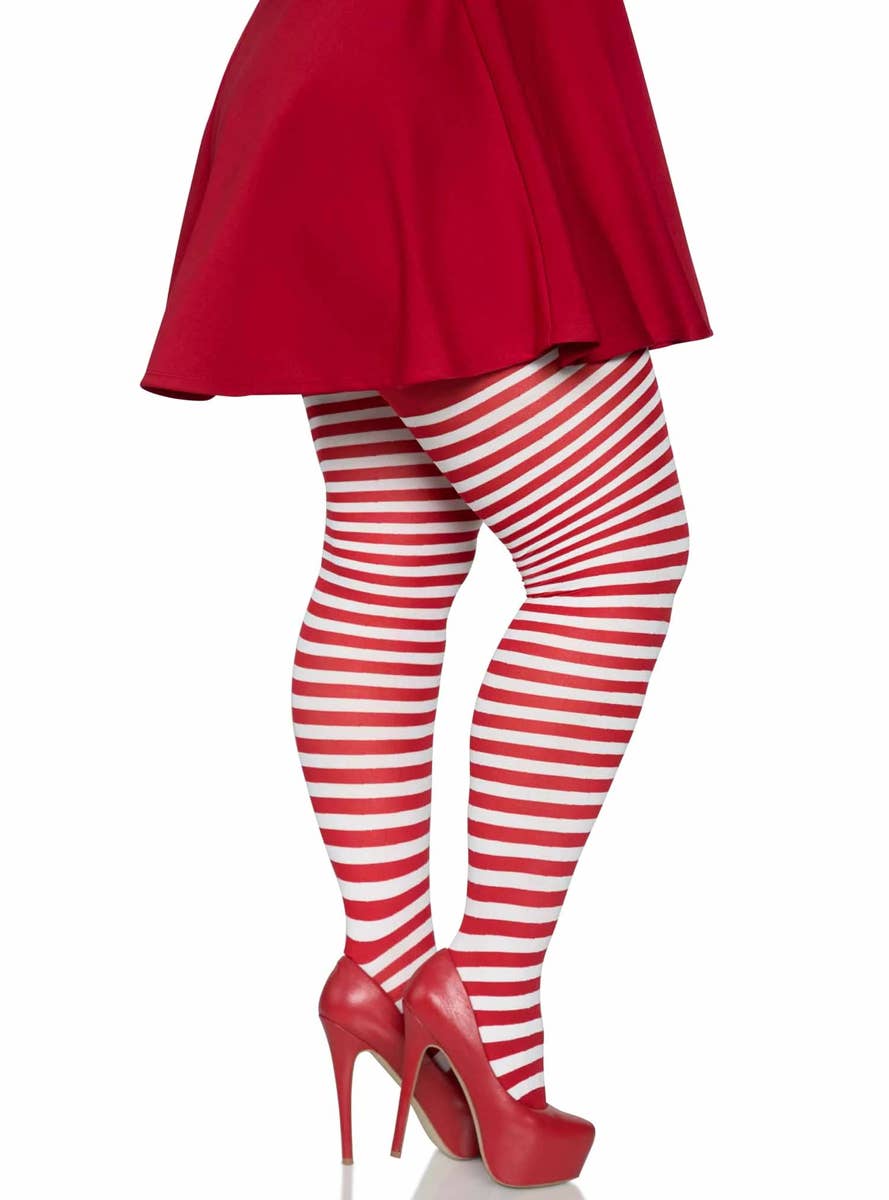 Women's Red and White Striped Full Length Plus Size Halloween And Christmas Pantyhose - Side Image