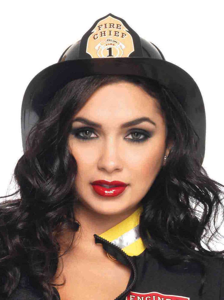 Women's Deluxe Black Firefighter Costume Hat - Close Image