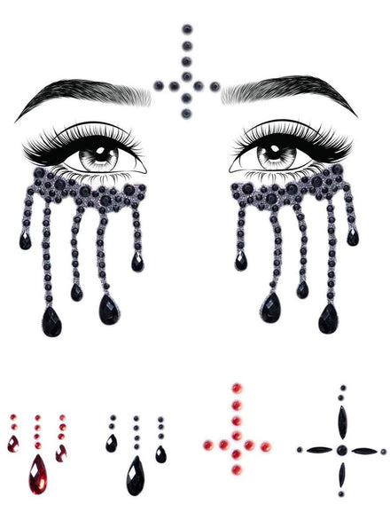 Self Adhesive Black Possessed Nun Halloween Face Gems - Product Image