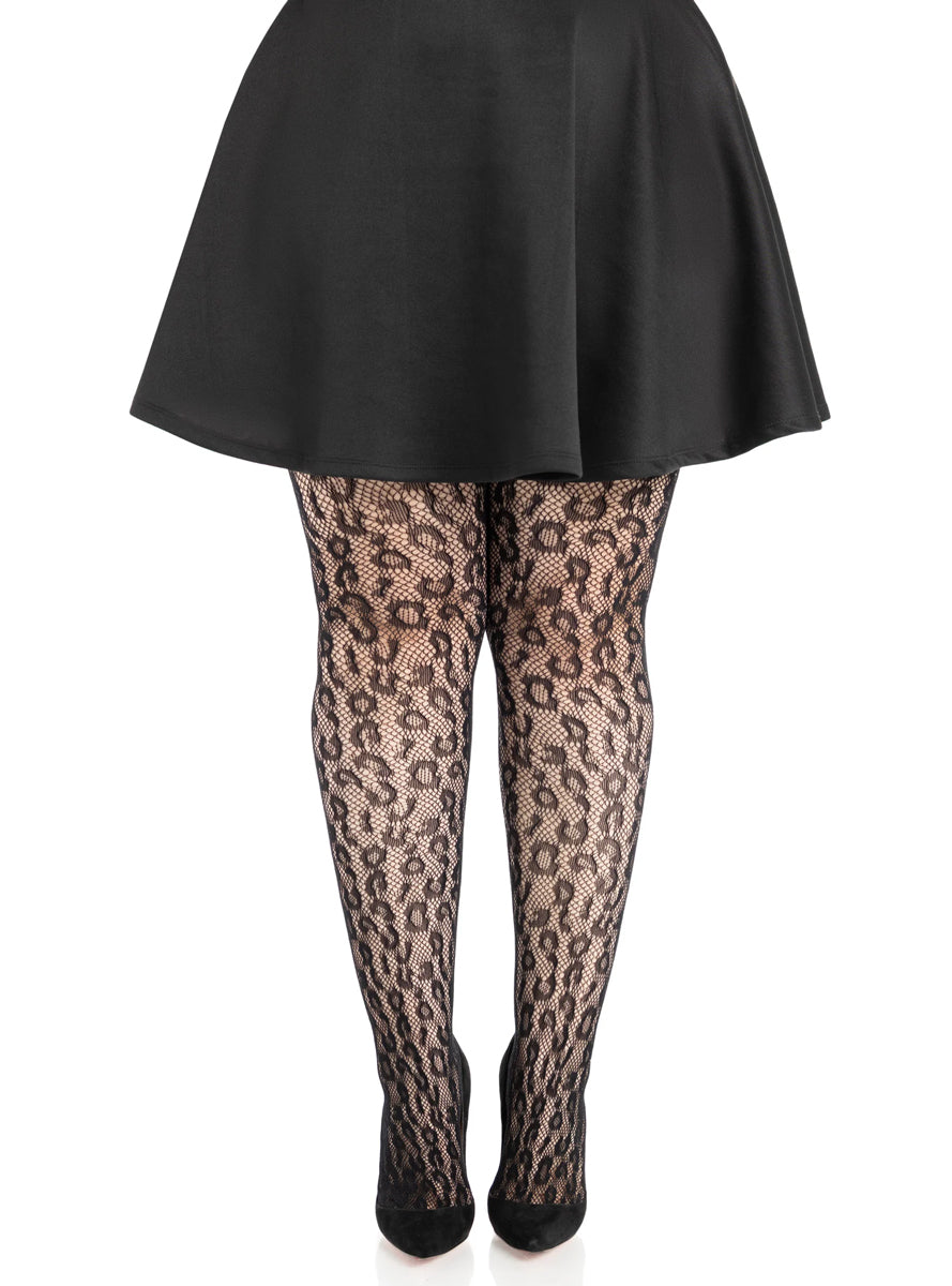 Plus Size Womens Black Leopard Net Full Length Costume Tights Main Image