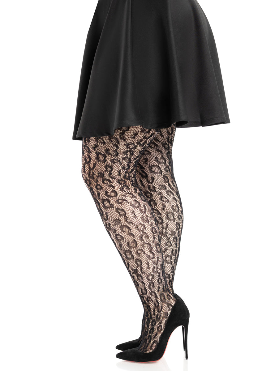 Plus Size Womens Black Leopard Net Full Length Costume Tights Side Image