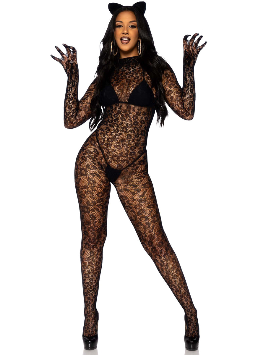 Womens Black Leopard Net Gloves Seamless Costume Catsuit Alternative Image