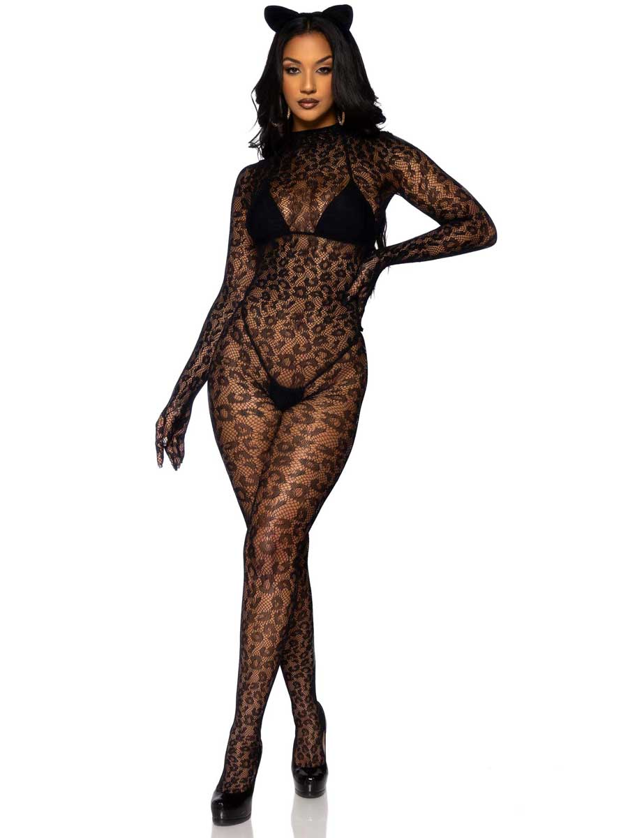Womens Black Leopard Net Gloves Seamless Costume Catsuit Main Image