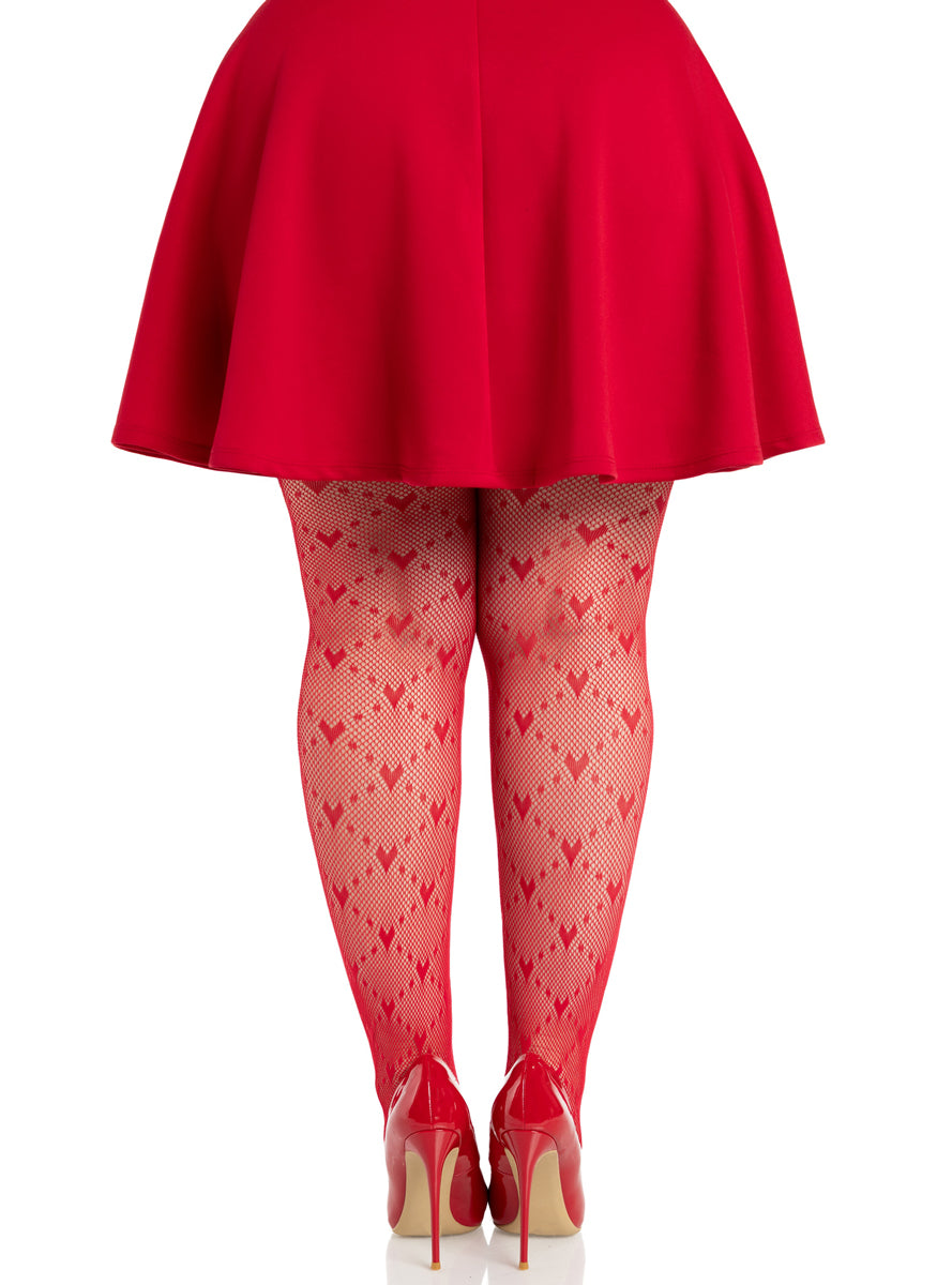 Plus Size Womens Red Love Struck Heart Net Tights Back Image