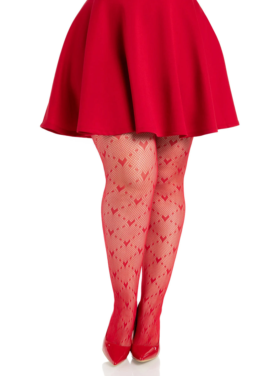 Plus Size Womens Red Love Struck Heart Net Tights Main Image
