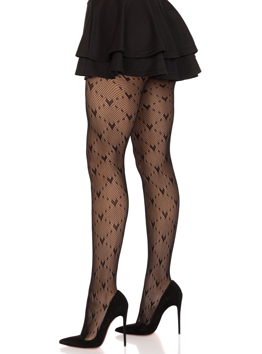 Womens Black Love Struck Heart Net Tights Side Image
