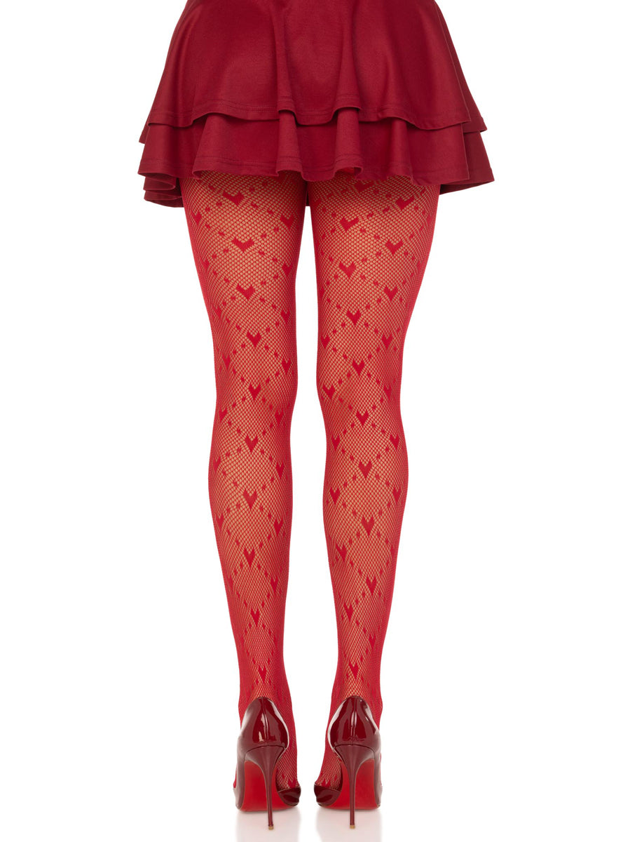 Womens Red Love Struck Heart Net Tights Back Image