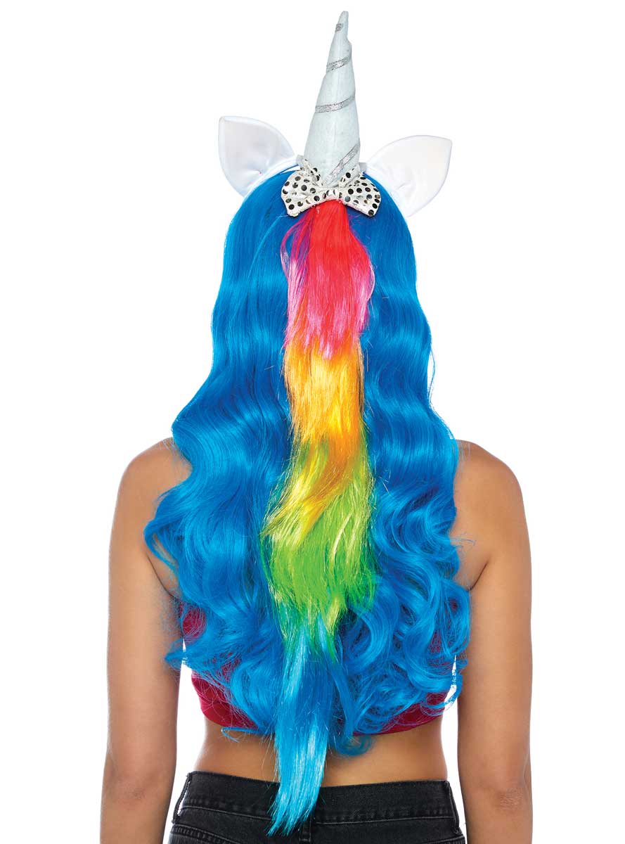 Womens Magical Unicorn Costume Headband With Rainbow Mane Back Image
