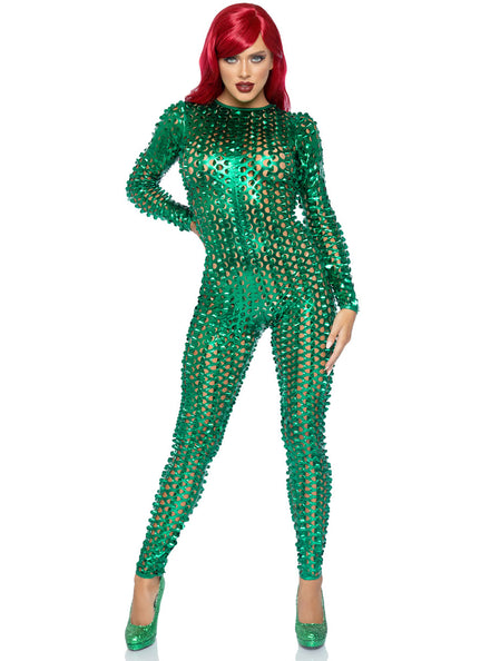 Womens Metallic Green Laser Cut Long Sleeved Costume Catsuit Main Image