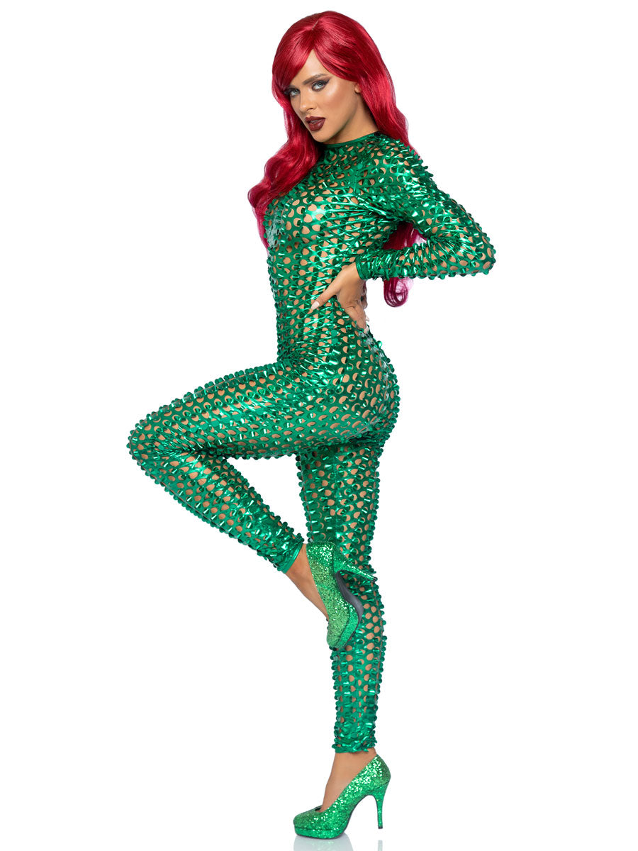 Womens Metallic Green Laser Cut Long Sleeved Costume Catsuit Side Image