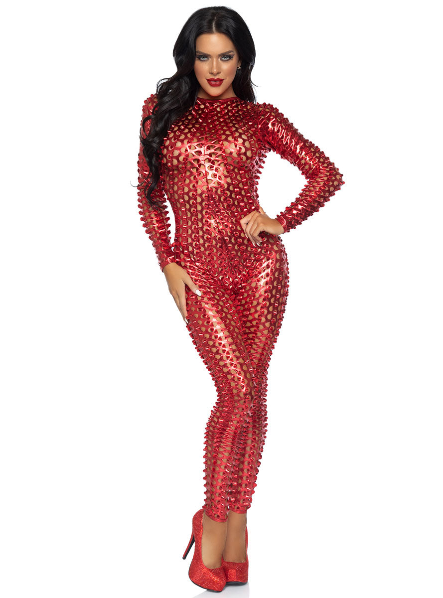 Womens Metallic Red Laser Cut Long Sleeved Costume Catsuit Main Image