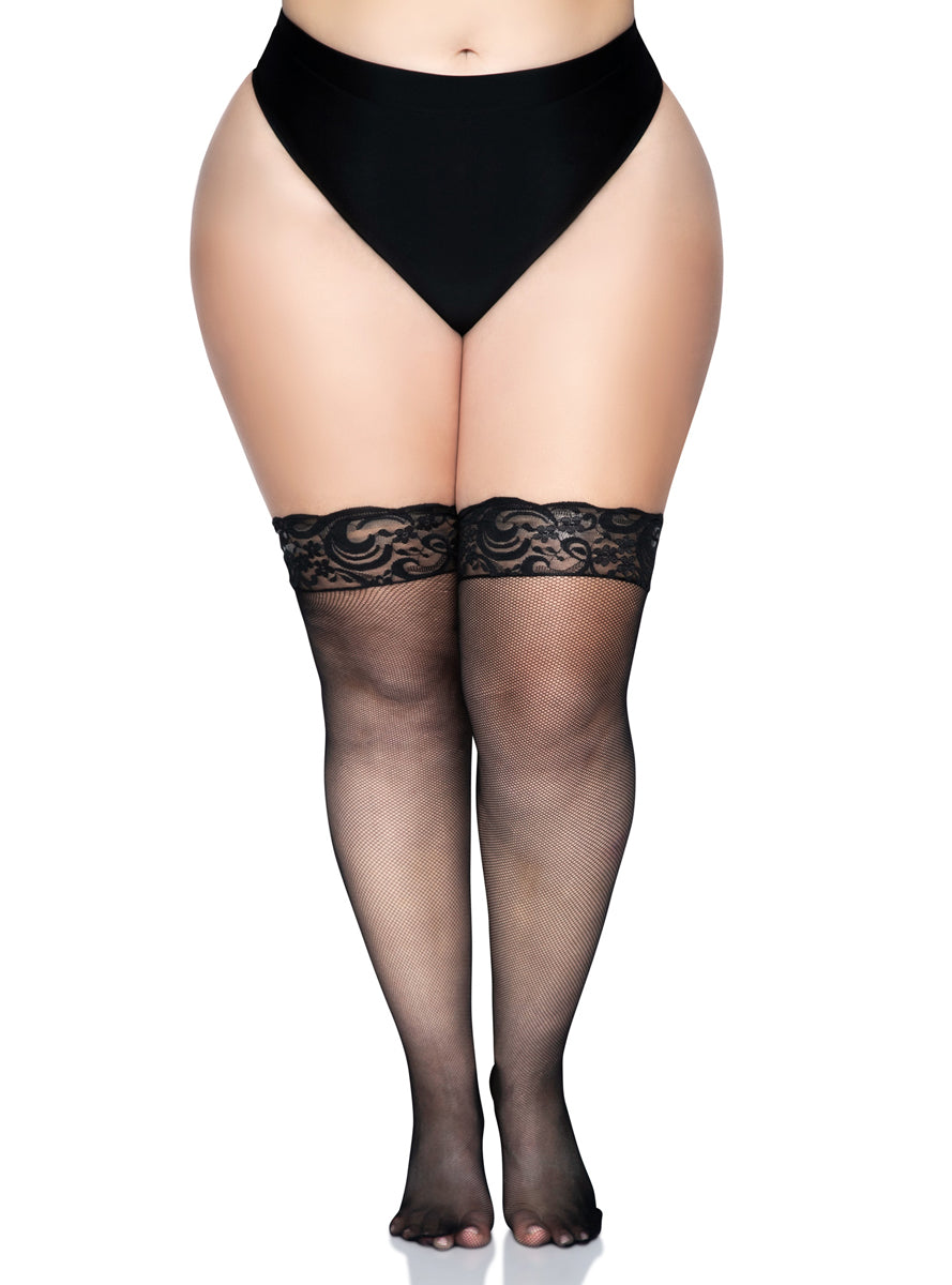 Plus Size Womens Black Lace Up Micro Net Thigh High Stockings Alternative Image