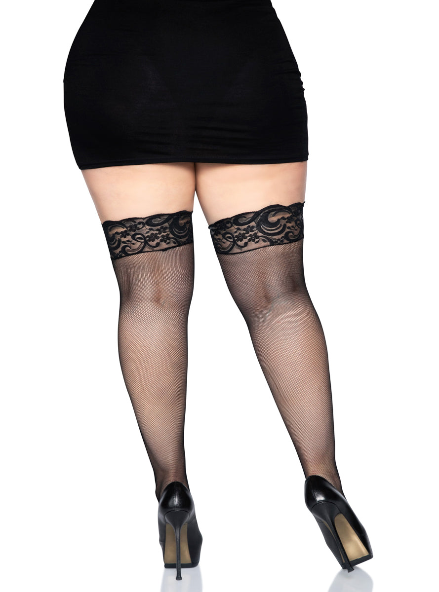 Plus Size Womens Black Lace Up Micro Net Thigh High Stockings Back Image