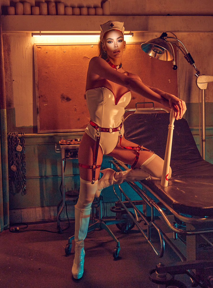 Naughty Nurse Sexy Womens White Vinyl Bodysuit Costume - Lifestyle Image 2
