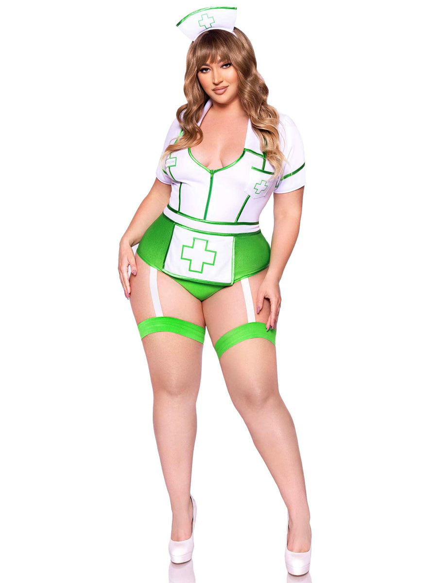 Plus Size Womens Sexy Green And White Nurse Feelgood Costume Front Image
