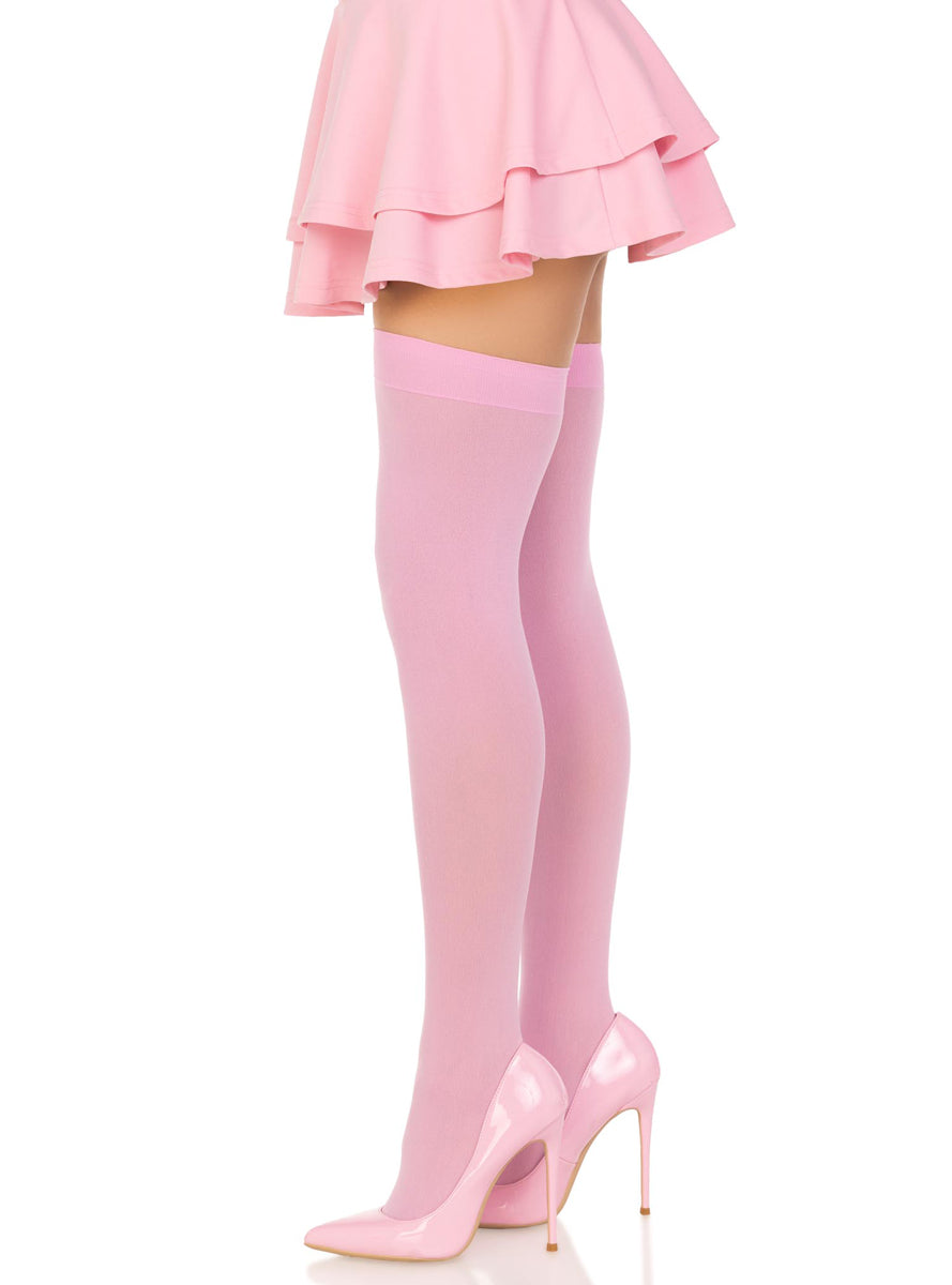 Womens Pink Nylon Thigh High Costume Stockings Side Image