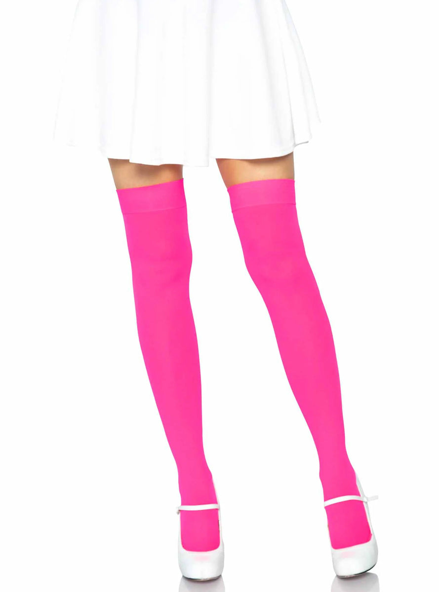 Womens Neon Pink Nylon Thigh High Costume Stockings Main Image
