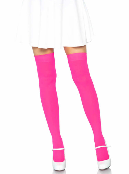 Womens Neon Pink Nylon Thigh High Costume Stockings Main Image