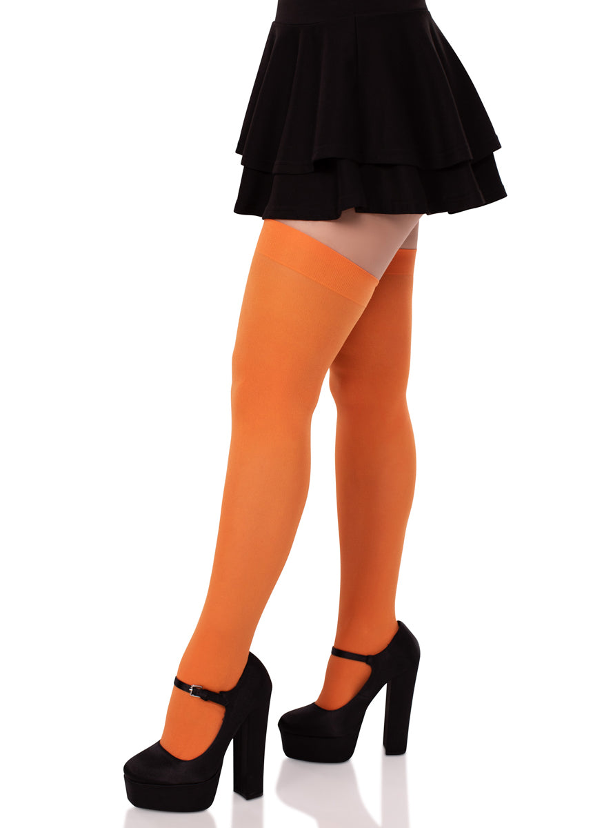 Womens Orange Nylon Thigh High Costume Stockings Side Image