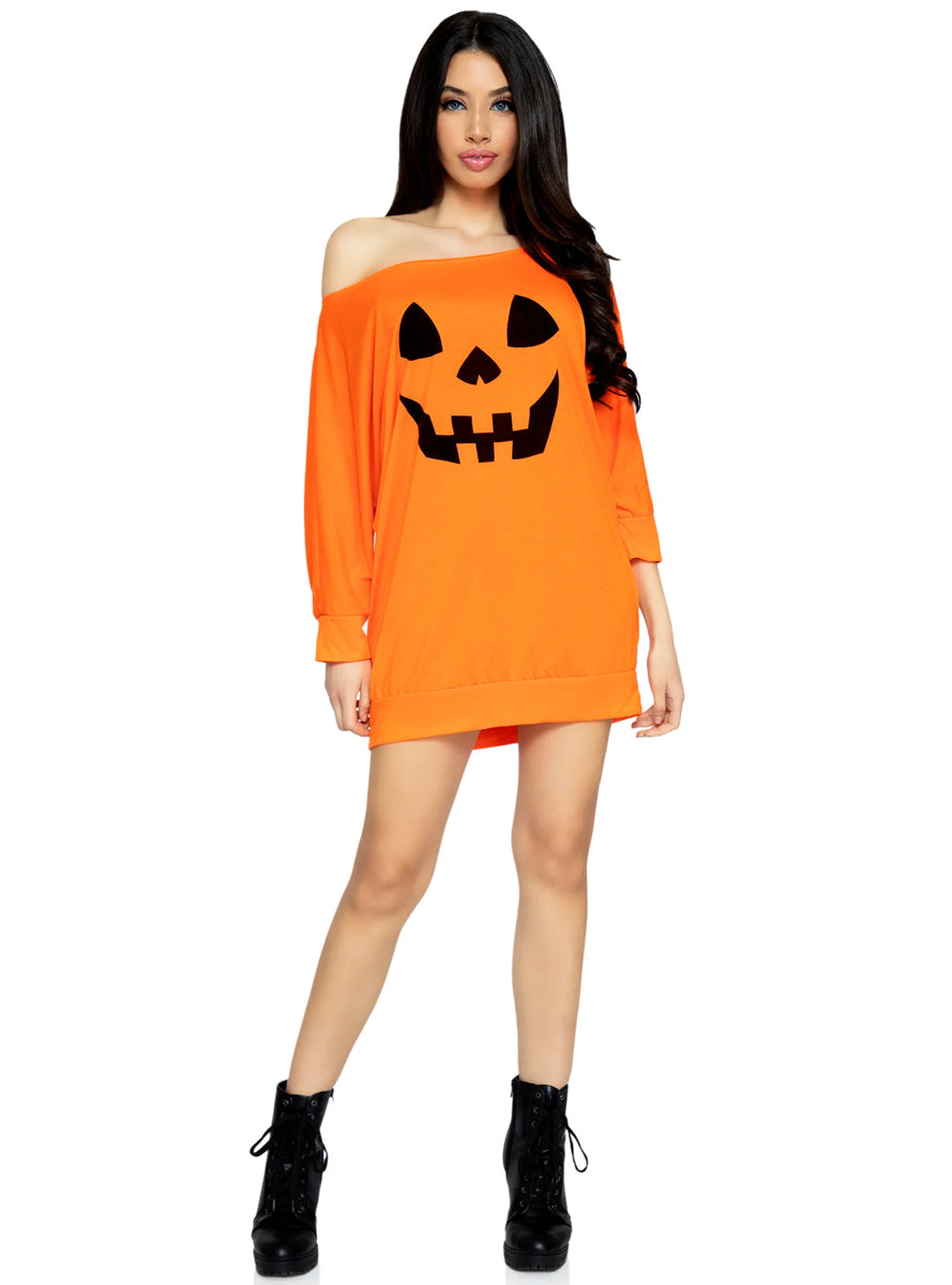 Womens Orange Pumpkin Print Long Sleeve Halloween Costume Dress Main Image