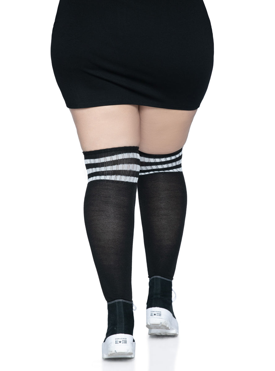 Plus Size Womens Black Athletic Over The Knee Socks With White Stripes Back Image
