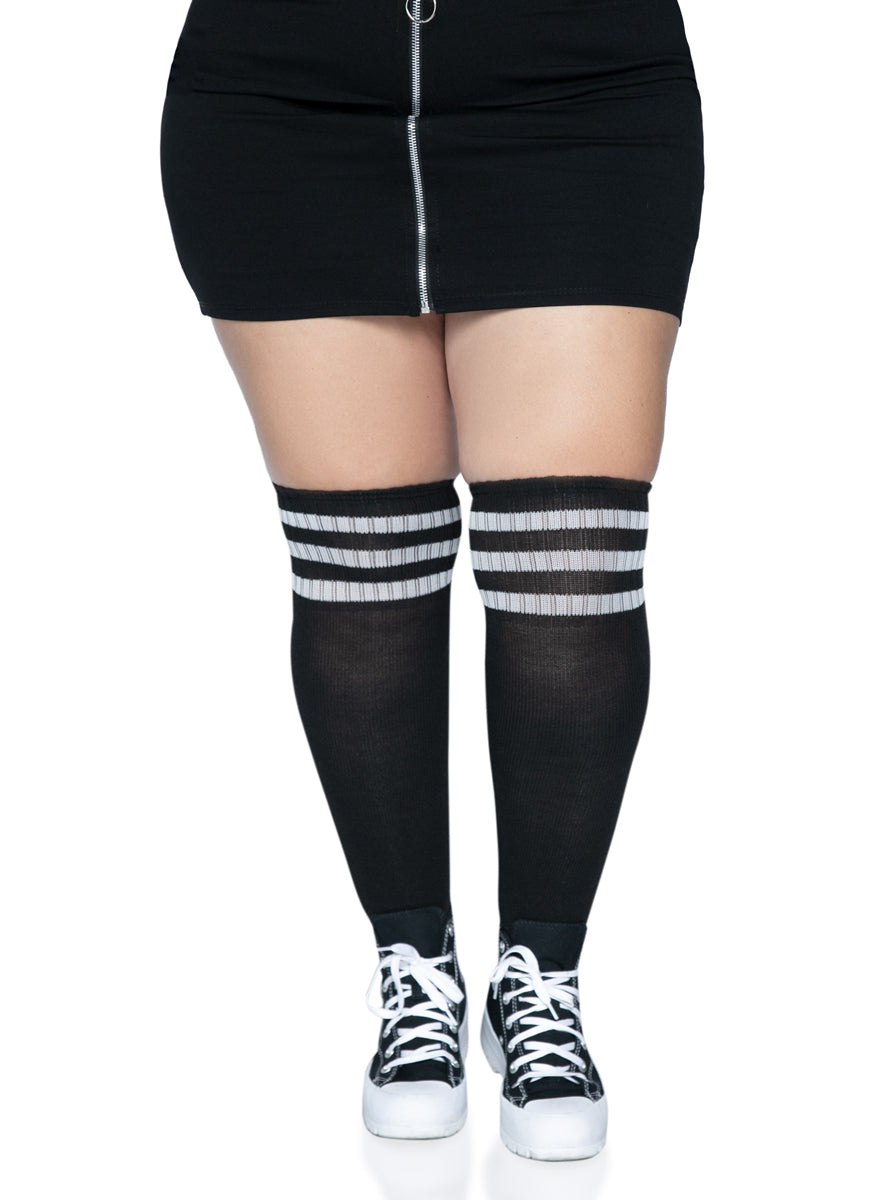 Plus Size Womens Black Athletic Over The Knee Socks With White Stripes Main Image