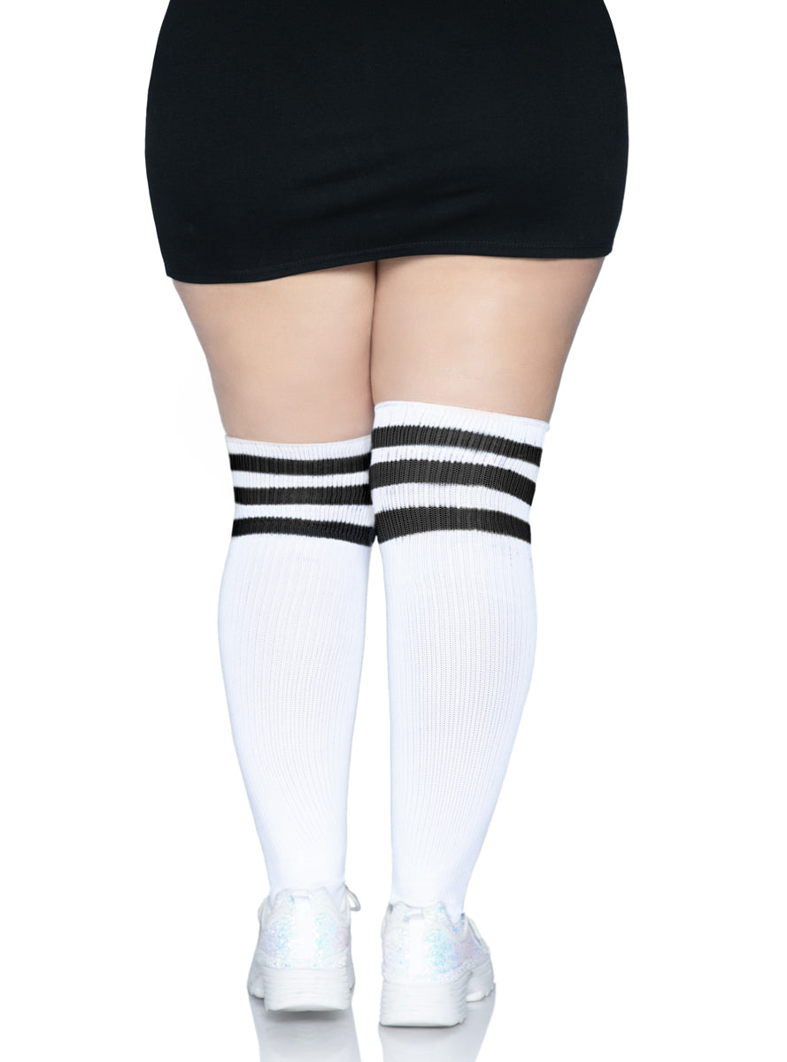 Plus Size Womens White Athletic Over The Knee Socks With Black Stripes Back Image