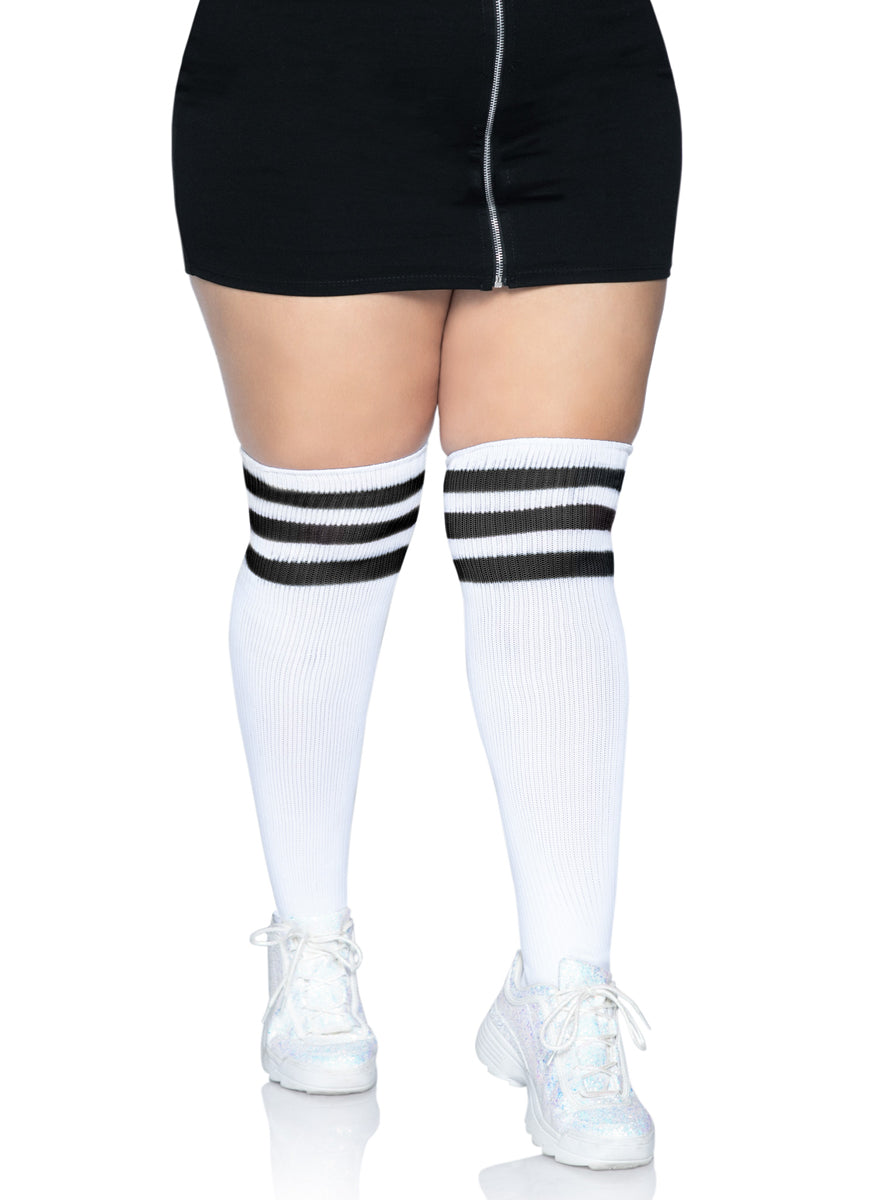 Plus Size Womens White Athletic Over The Knee Socks With Black Stripes Main Image