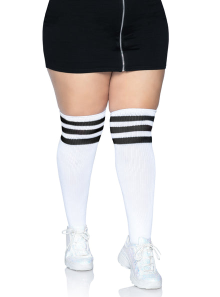Plus Size Womens White Athletic Over The Knee Socks With Black Stripes Main Image