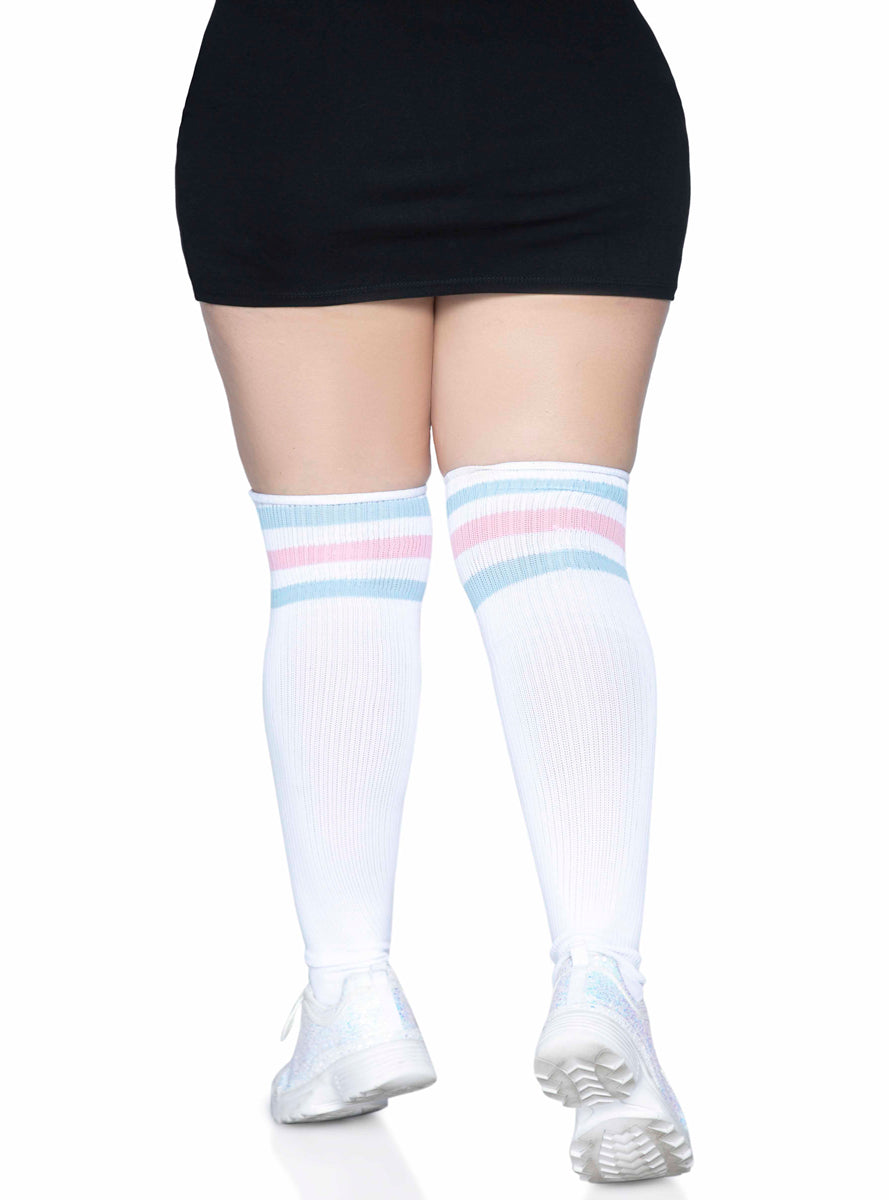 Plus Size Womens White Athletic Over The Knee Socks With Pastel Stripes Back Image