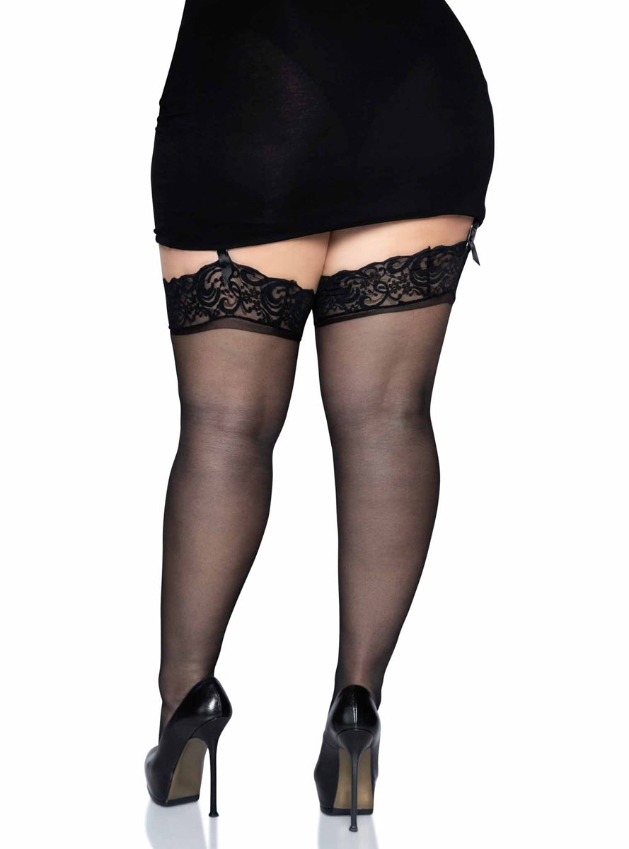 Plus Size Womens Alix Black Thigh High Stockings With Lace Tops Back Image