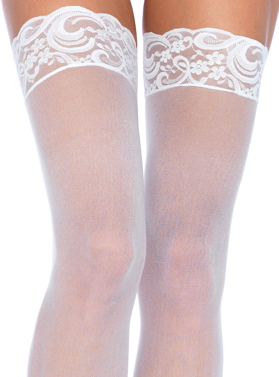 Plus Size Womens Alix White Thigh High Stockings With Lace Tops Alternate Image