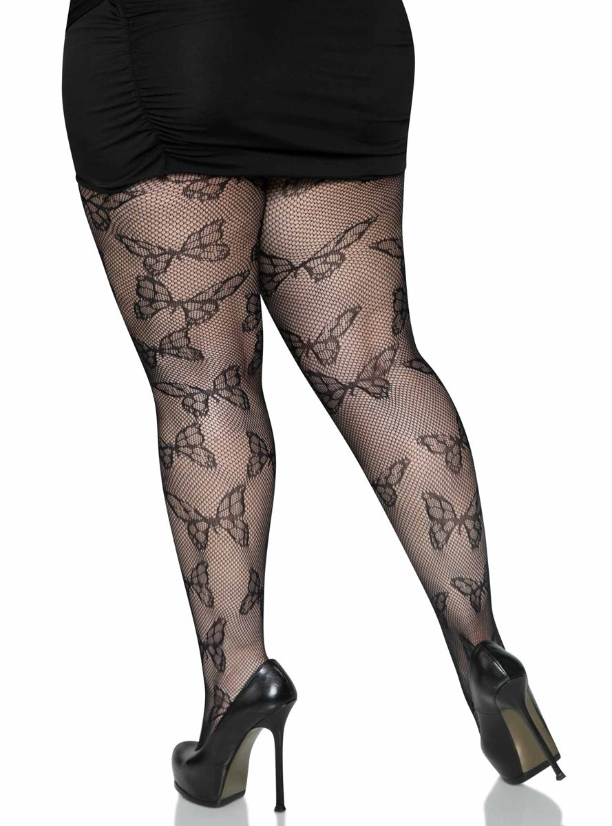 Plus Size Womens Black Butterfly Print Full Length Fishnet Stockings Back Image