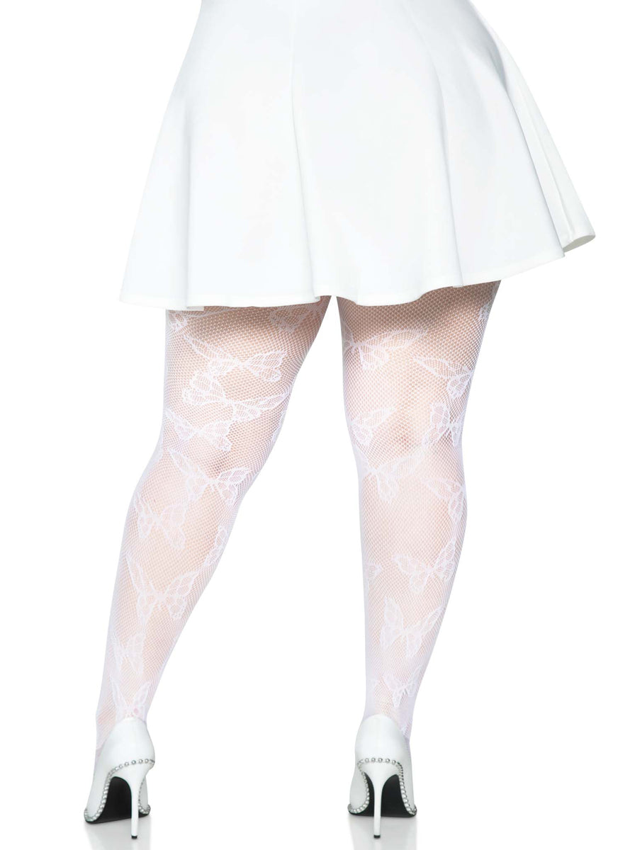 Plus Size Womens White Butterfly Print Full Length Fishnet Stockings Back Image