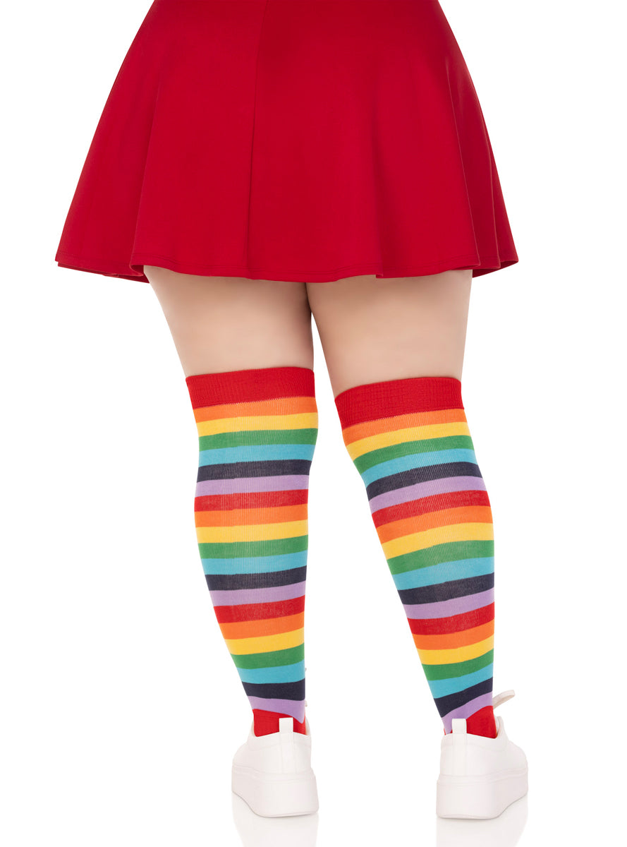 Plus Size Womens Rainbow Striped Acrylic Thigh High Stockings Back Image
